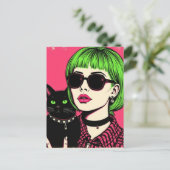 ライム色の髪の女性とその黒猫  ポストカード (スタンド正面)