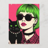 ライム色の髪の女性とその黒猫  ポストカード (正面)