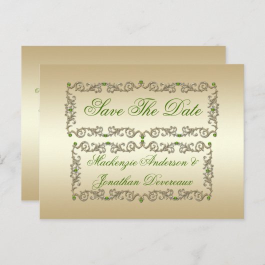 ライム華美グリーンジェム金ゴールド渦巻き日付保存 案内ポストカード (正面/裏面)