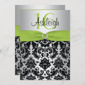 ライム、シルバー、ブラック・ダマスクスウィート16招待状 招待状 (正面/裏面)
