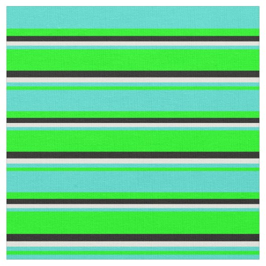 ライム、ターコイズ、ベージュ線、黒線 ファブリック (クローズアップ)