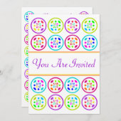 ライム、ターコイズ、薄紫およびバラ円パターン 招待状 (正面/裏面)
