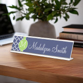 ライム&ネイビー幾何学模様カスタムモノグラム デスクネームプレート