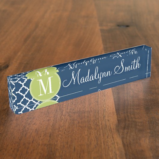 ライム&ネイビー幾何学模様カスタムモノグラム デスクネームプレート (側面)