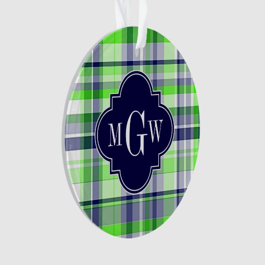 ライム，ネイビー，ウィットマドラス名門私立校風のクローバーモノグラム オーナメント (正面)