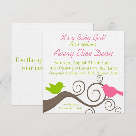 ライム＆ピンクの枝に鳥 招待状 (正面/裏面)