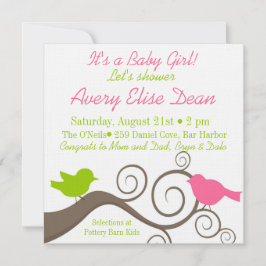 ライム＆ピンクの枝に鳥 招待状