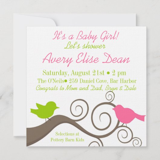 ライム＆ピンクの枝に鳥 招待状 (正面)