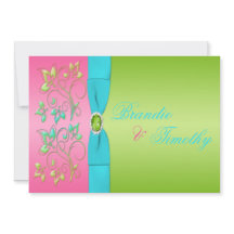 ライム、ピンク、アクアフローラ結婚式招待状