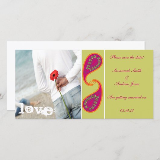 ライム&ラズベリーペイズリー写真の日付を保存 セーブザデート (正面/裏面)