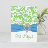 ライム、白、青いダマスク織によって印刷されるリボン 招待状 (スタンド正面)