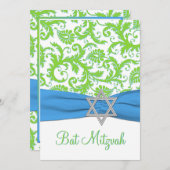 ライム、白、青いダマスク織によって印刷されるリボン 招待状 (正面/裏面)