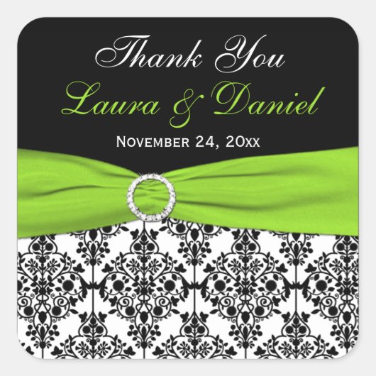ライム、白、黒のダマスクの結婚式のお願い スクエアシール (正面)