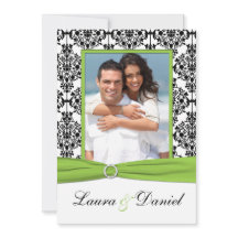 ライム、白、黒のダマスク写真結婚式の招待