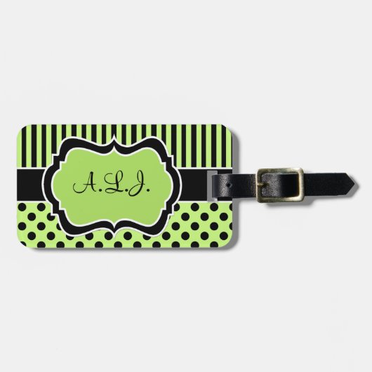ライム、黒、白いポルストライプのクのドット荷物タグ ラゲッジタグ (正面横)