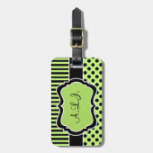 ライム、黒、白いポルストライプのクのドット荷物タグ ラゲッジタグ (正面縦)