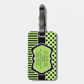 ライム、黒、白いポルストライプのクのドット荷物タグ ラゲッジタグ (裏面縦)