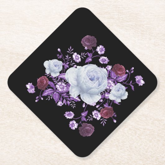 ライラの花、黒い背景 ペーパーコースター (正面)