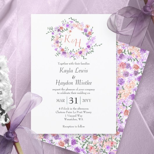 ライラックとピーチのバラのリースの結婚式 招待状