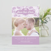 ライラックとホワイトの花柄写真 セーブ・ザ・デート 招待状 (スタンド正面)