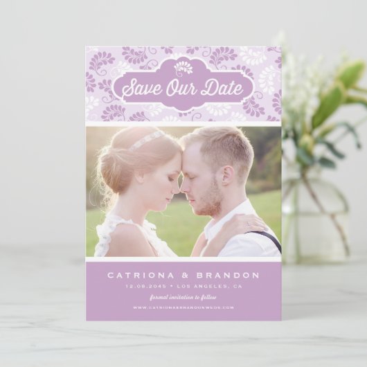 ライラックとホワイトの花柄写真 Save Our Date 招待状 (スタンド正面)
