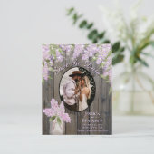 ライラックとライトが飾られた納屋の木の紫色の結婚式 セーブザデート (スタンド正面)