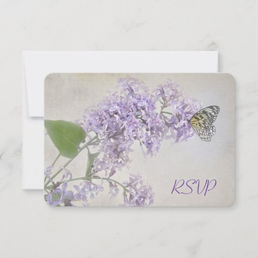 ライラックに蝶の結婚式出欠確認カード 招待状 (正面)