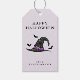 ライラックのウィッチハットとコウモリのハッピーハロウィン ギフトタグ