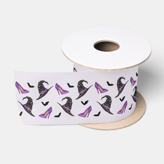 ライラックのハロウィン魔女の帽子とヒールとコウモリ サテンリボン (リール)
