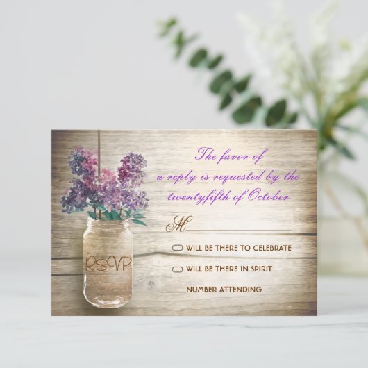 ライラックのメイソンジャー ヴィンテージ結婚式の出欠確認 出欠カード (スタンド正面)