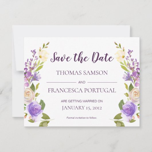 ライラックの水彩花モチーフの結婚式のSave the Dateカード 招待状 (正面)