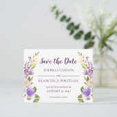 ライラックの水彩花モチーフの結婚式のSave the Dateカード 招待状 (スタンド正面)