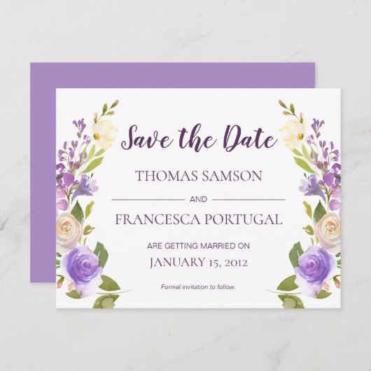 ライラックの水彩花モチーフの結婚式のSave the Dateカード 招待状 (正面/裏面)