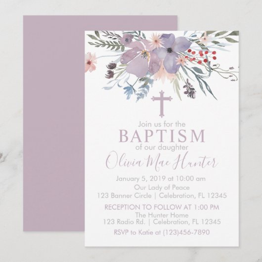 ライラックの花の女の子洗礼招待状 招待状 (正面/裏面)