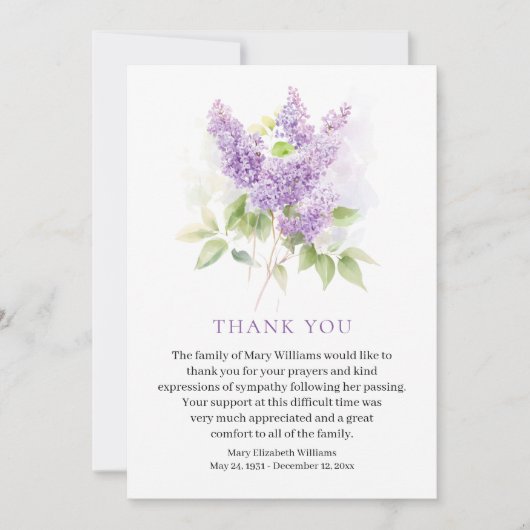ライラックの花の水彩画 葬儀のお礼 サンキューカード (正面)