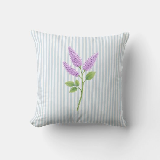 ライラックの花の絵 青いストライプ クッション (正面)