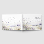 ライラックの野生の花の蝶のフィールドの風景のウェディング ゲストブック (全面)