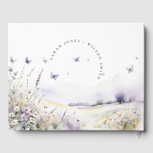 ライラックの野生の花の蝶のフィールドの風景のウェディング ゲストブック (裏面)