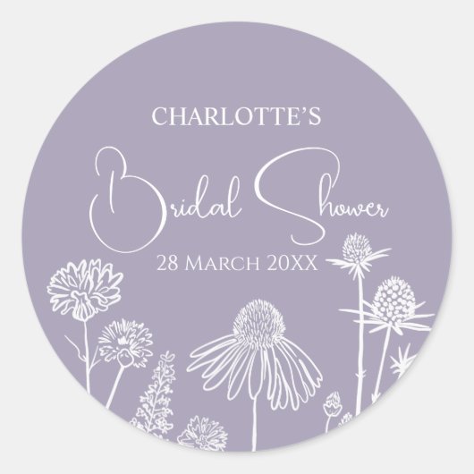 ライラックの野生の花をスケッチした花の ブライダルシャワー ラウンドシール (正面)