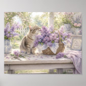 ライラックを愛する猫の水彩画アートプリント ポスター (正面)