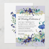 ライラックアクアブルーの水彩ポピー花の結婚式 招待状 (正面/裏面)