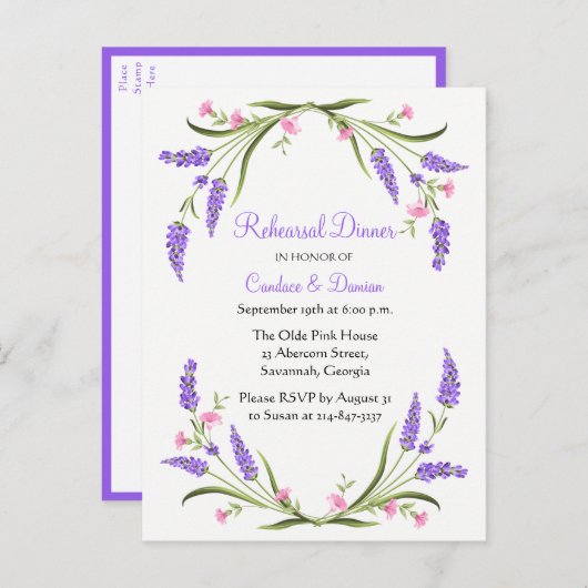 ライラックスパープルウォーターカラーフローラリハーサルディナー インビテーションポストカード (正面/裏面)