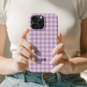 ライラックパープルのギンガムチェックモノグラム先生 カスタムママ iPhone 15 PRO MAXケース