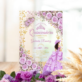 ライラックパープルのバラの金の西部のQuinceañera アクリル招待状