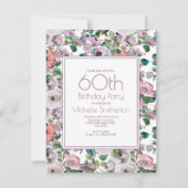 ライラックパープルの水彩花柄 60歳の誕生日 招待状 (正面)