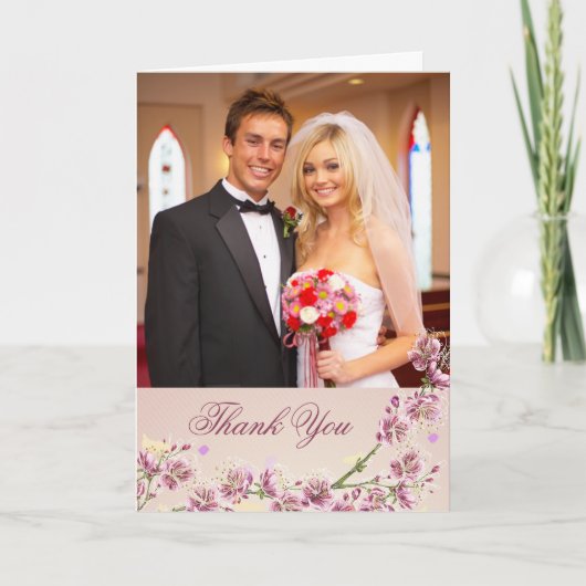 ライラックパープルの花　結婚式の写真　感謝カード サンキューカード (正面)
