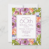 ライラックパープルピンクの花柄 60歳の誕生日 女性 招待状 (正面)