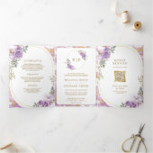 ライラックパープル フローラル ゴールド マーブル オールインワン ウェディング 三つ折り招待状 (内部)