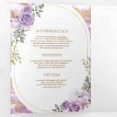 ライラックパープル フローラル ゴールド マーブル オールインワン ウェディング 三つ折り招待状 (内部最初)