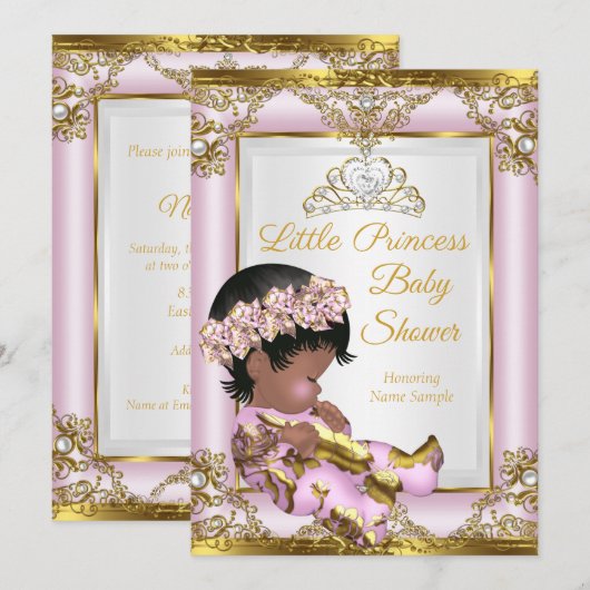 ライラックピンクゴールドプリンセスベイビーシャワーエスニック 招待状 (正面/裏面)